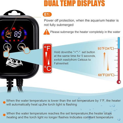 AQQA 1200W Submersible Aquarium Heater for Fish Tank 150-300 Gallon Aquarium Digital Thermostat Pond Heater with Overheating & Dry-Run Protection for Freshwater and Saltwater, Temperature Range 59-93℉