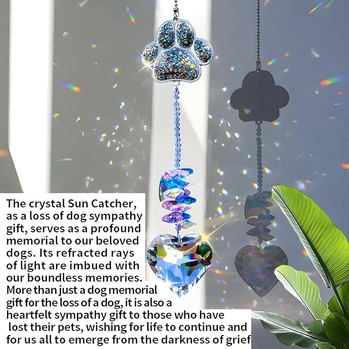 Dog Memorial Gifts,Pet Memorial Suncatcher with 7-Colorful Beads Paw Bracelet,Pet Loss,Pet Sympathy,Thoughtful Dogs and Cats Remembrance,Lost of Pet Bereavement Gifts,Crystal Heart Sun Catcher