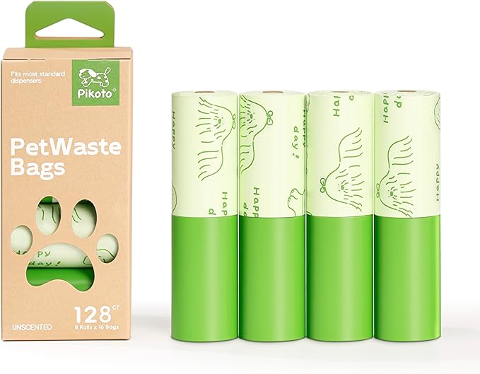 Green Dog Poop Bags - 128 Count, 60% Recycled Plastic Unscented Dog Poop Bags - Easy-Peel Sticker, Leak-Proof, Extra Strong & Thick - Perfect for Diapers, Cat Litter (8 Rolls)