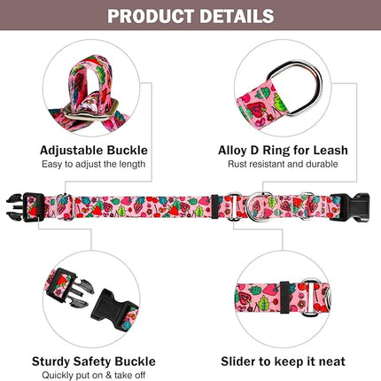 Hikiko Summer Dog Collar for Small Medium Large Dogs, Adjustable Nylon Fruit Pattern Martingale Collars with Quick Release Buckle (Pink Strawberry,S)