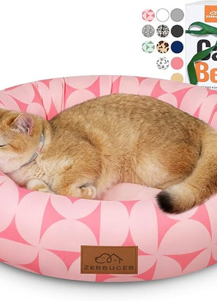 Cat Bed, 20In Dog Beds for Small Dogs, Calming Cat & Dog Beds for Indoor Pets, Pet Beds Comfortable Donut Round Ultra Soft (Pink Pattern, 20.0" L x 20.0" W x 6.5" Th)