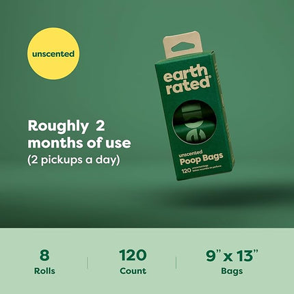 Earth Rated Poop Bags for Dogs Guaranteed Leak Proof and Extra Thick Waste Bag Refill Rolls, Unscented, 120 Bags