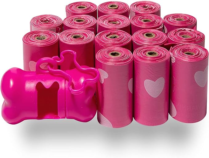 Best Pet Supplies Dog Poop Bags (240 Bags) for Waste Refuse Cleanup, Doggy Roll Replacements for Outdoor Puppy Walking and Travel, Leak Proof and Tear Resistant, Thick Plastic - Pink Heart