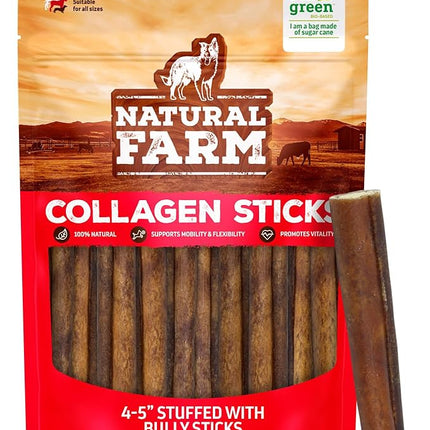 Natural Farm Bully Sticks Stuffed Collagen Sticks for Dogs (4-5 Inch, 10-Pack), Rawhide-Free, Natural Dog Chews, Long Lasting, Small, Medium and Large Dogs, Great Rawhide Alternative