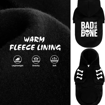 BINGPET Warm Dog Sweater with Hood and Leash Hole, Soft Fleece Coat for Cold Weather, Bad to The Bone Design, Sizes XS-XXL