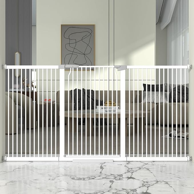 41-Inch Extra Tall Metal Baby Gate for Doorway, 76.8-79.5'' Pet Safe Gate with Expansion Kit, No Drilling Cat Fence Indoor, No Climb Child Door, White