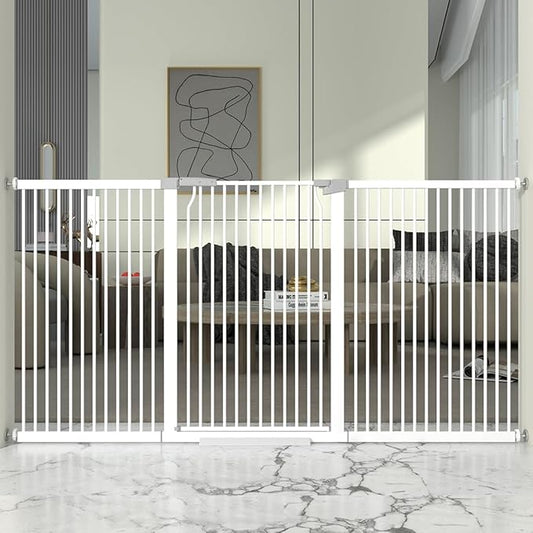 41-Inch Extra Tall Metal Baby Gate for Doorway, 76.8-79.5'' Pet Safe Gate with Expansion Kit, No Drilling Cat Fence Indoor, No Climb Child Door, White