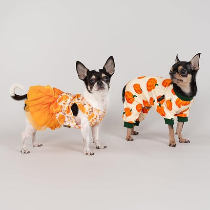 Fitwarm Pumpkin Dog Pajamas, Thanksgiving Outfit for Small Dogs Boy Girl, Fall Pet Clothes, Beige, Orange, Green, XXL
