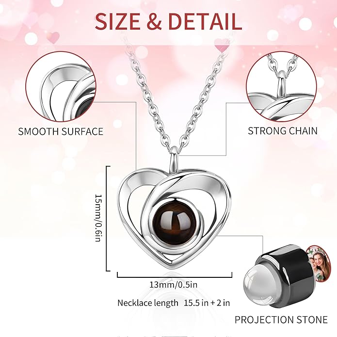 Easycosy Personalized Picture Necklace Projection Necklace with Photo Inside - Custom Photo Heart Pendant Necklace - Photo Gifts Valentines Birthday Love Memorial Gifts for Girlfriend Wife Women