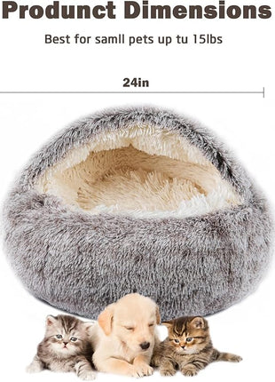 Cat Bed for Indoor Cats, Calming Cozy Cave with Self-Warming Plush, Entire Bed Machine Washable & Anti-Slip Base, Breathable Pet Bed for Small Cats&Dogs All Seasons (Khaki, 24 * 24inch)
