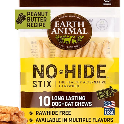 Earth Animal No Hide Stix - Long Lasting Rawhide Free Small Dog Chews Sticks, Peanut Butter - 10 Count