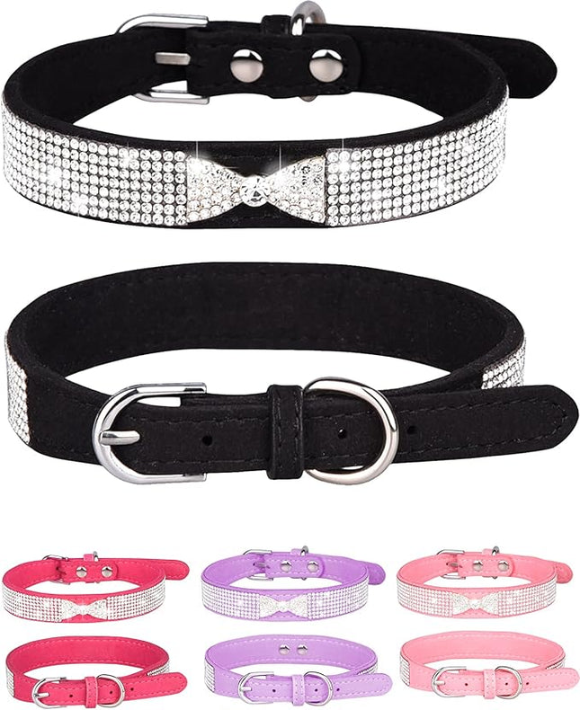 Dog Collar for Small Dogs, Adjustable Leather Suede Bling Dog Collars，Pink Dog Collar Cat Collar, Rhinestone Dog Collar (M, black4)