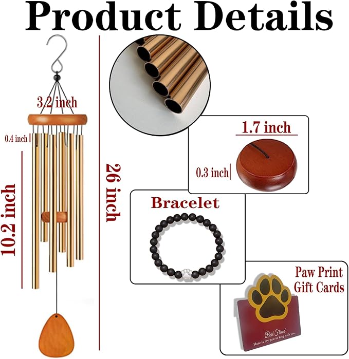 Dog Memorial Gifts, 26" Pet Memorial Wind Chime, Gifts for Loss of Dog, Dogs Wind Chimes, Pets Loss Passing Away Remembrance Bereavement Gift, Sympathy Gifts of Pet (Gold)