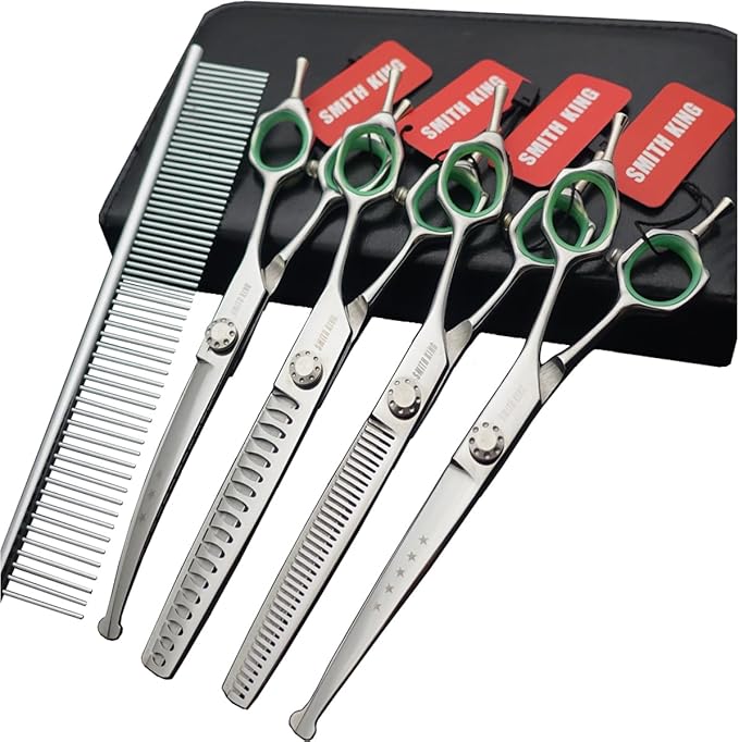 7 inches Safe Dog Grooming Scissors Set with Round Tip,Straight & Thinning & Curved Shears Set with comb for Dog & Cat Grooming &human hair cutting (Green 4 in 1 with comb)