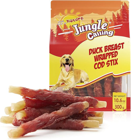 Jungle Calling Duck Wrapped Cod Sticks Dog Treats, Rawhide Free Training Rewards Snacks for Dogs, Natural Chewy Sticks Treats, 10.6oz