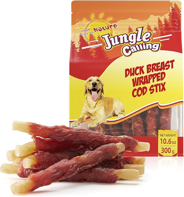 Jungle Calling Duck Wrapped Cod Sticks Dog Treats, Rawhide Free Training Rewards Snacks for Dogs, Natural Chewy Sticks Treats, 10.6oz