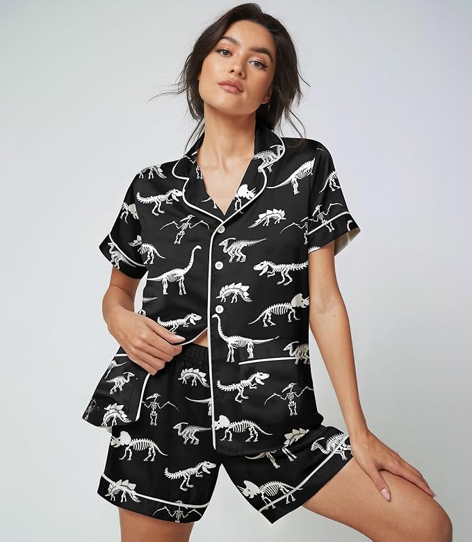 Women’s Silk Satin Pajama Set, Short Sleeve Button Down 2 Piece PJs with Shorts, Cozy Loungewear & Matching Holiday Pajamas