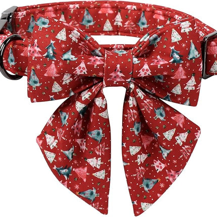 Lionet Paws Christmas Dog Collar with Sailor Bow, Cute Christmas Tree Red Dog Collar Bow Tie for Dogs, Small, Neck 10-16 inches