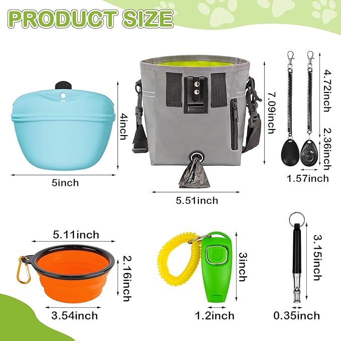 JIURUN Dog Treat Pouch for Pet Training - Dog Treat Bag (Grey) - Dog Training Kit, Dog Clicker for Training, Silicone Treat Bag, 2-in-1 Whistle Clicker, Collapsible Dog Bowl, 2 Dog Poop Bag
