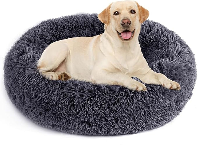NOYAL Calming Donut Dog Bed for Small to Medium Dogs & Cats - Plush Faux Fur Anti-Anxiety Pet Bed with Machine Washable Cover & Non-Slip Base