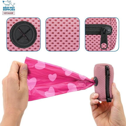 Best Pet Supplies Dog Poop Bag Holder Leash Attachment with 15 Bags, Pink, Reusable Mesh Dispenser Pouch for Travel, Walking, Park, and Outdoor Use, Soft and Durable with Clip-On