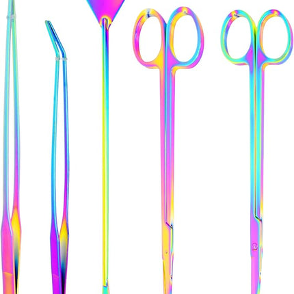 Mandala Crafts Rainbow Stainless Steel Aquascaping Tools Kit – Aquarium Plant Tools with Tweezers, Spatula, and Scissors for Fish Tanks, Hospital Tanks, Goldfish Bowls, Aquariums, and Terrariums