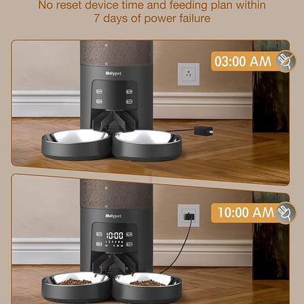 Automatic Cat Feeders for 2 Cats - 6L Food Dispenser with Double Bowls, Programmable Timed Feeder up to 6 Meals per Day with 10S Voice Recorder, Support Dual Power Supply