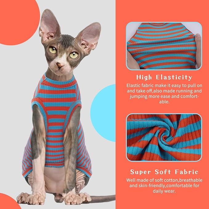 BRKURLEG Hairless Cats T Shirt, Cat Sweaters, Pullover Kitten Shirts, Sleeveless Round Collar Cotton Vest for Cornish Rex Devon Rex Peterbald and Small Dogs Sweater(OrangeBlue Stripes, L)