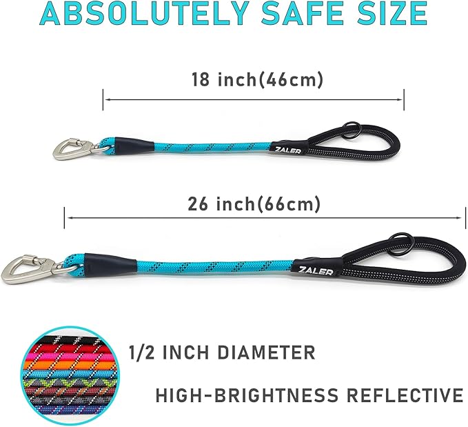 ZALER Short Dog Leash, 18 Inches Rope Traffic Leashes for Dogs, Reflective Dog Lead with O-Ring, Heavy Duty Pet Leash for Large and Medium Dogs (18'' Blue)