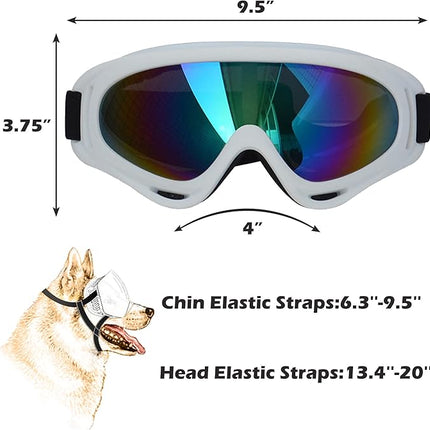 Large Dog Sunglasses With Adjustable Strap UV Protection, Windproof Puppy Eyewear, Suitable for Medium-Large Pets, Eyes Protection, Soft Goggles (White Frame)