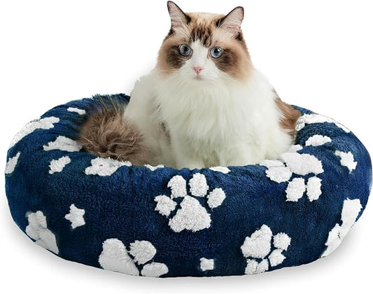 Donut Dog Beds for Small Dogs, Calming Round Cat Beds for Indoor Cats, Cute 3D Textured Paw Pet Bed with Removable Washable Cover and Anti-Slip Bottom（Navy Blue，20"）