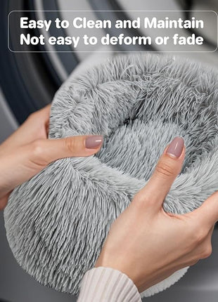 Cat Bed - Calming Cat Bed for Small Kittens Donut Washable Round for Indoor Kittens and Puppies, Anti-Slip Round Fluffy Plush Faux Fur, Small, Light Grey