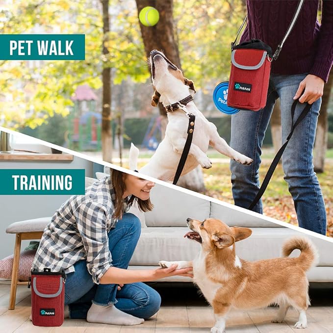 PetAmi Dog Treat Pouch, Large Pet Training Treat Pouch with Pocket, Dog Trainer Essentials Supply Holder with Poop Bag Dispenser, Training Bag for Kibbles Toys, 3 Ways to Wear (Red)