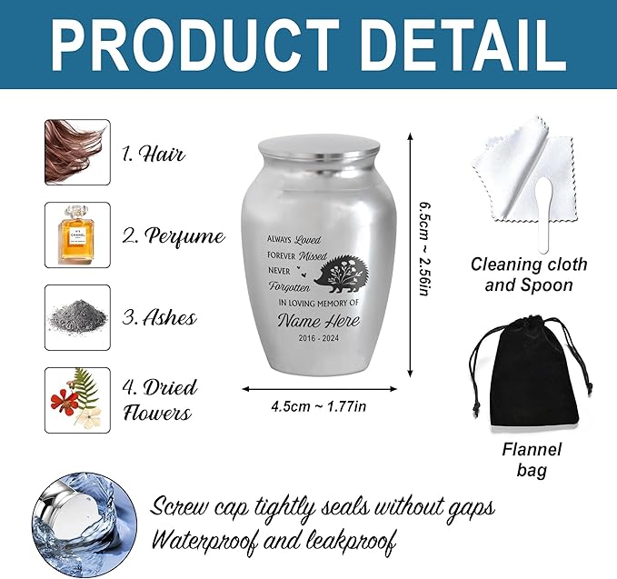 Artsy Woodsy Personalized Hedgehog Pet Memorial Cremation Mini Urn, Decorative Keepsake Small Urns for Ashes 2.56 inch, Remembrance Gifts for Pet Lovers in Loving Memory (03, 2.56x1.77)