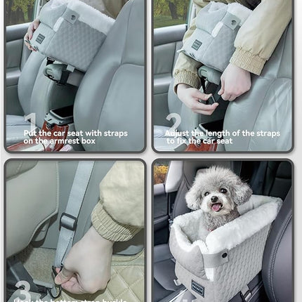 PETSFIT Dog Car Seats for Small Dogs with Safe Protection Hooks, Small Dog Car Seat with Upgraded Safety Tethers, Washable Cushion, Center Console Dog Car Seat for Pets Under 8 Lbs (Light Grey)