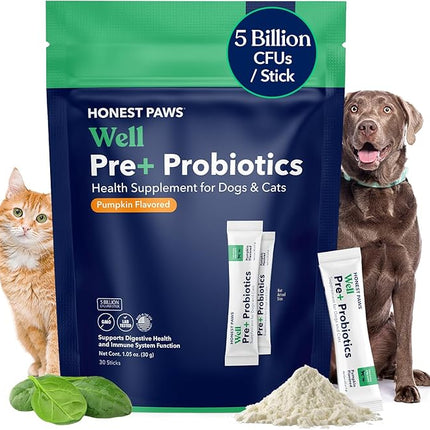 Honest Paws Probiotics for Dogs - Dog Digestion Gut Health Probiotic Powder with Prebiotic Made in The USA, Digestive and Immune Support - Digestive Enzymes with Pumpkin Flavor (30 Sticks)