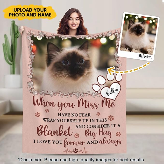 Custom Pet Memorial Blanket with Photo,Personalized Dog/Cat Loss Sympathy Gift,Pet Loss Bereavement Remembrance Gifts,Flannel Throw Blanket with Pictures (Peach Pink)