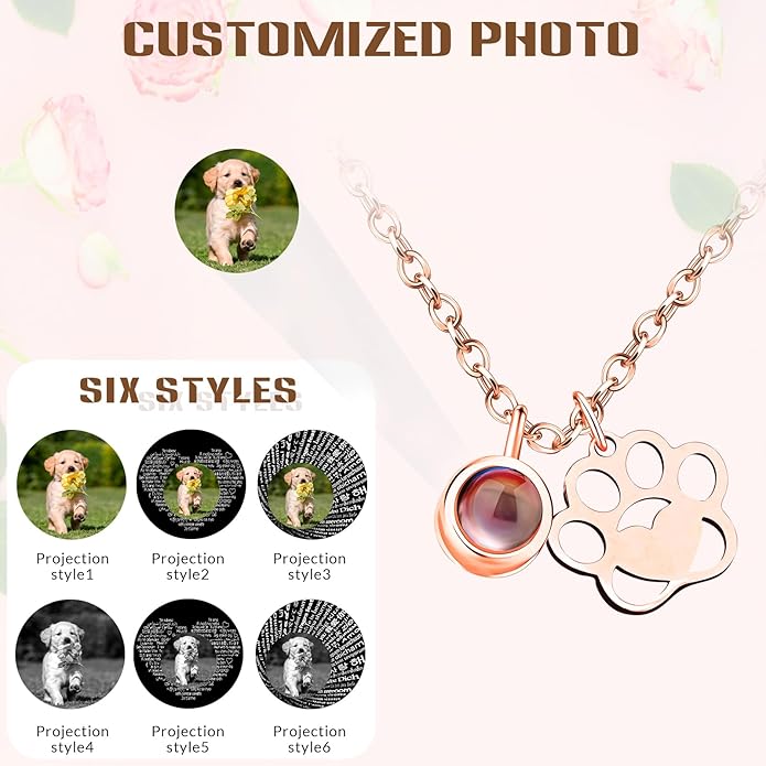 Personalized Picture Necklace with picture inside Custom Projection Necklace Cat/Dog Paw Print Pet Memorial Necklaces for Pet Lovers, Photo Gifts for Anniversary Dog Lovers