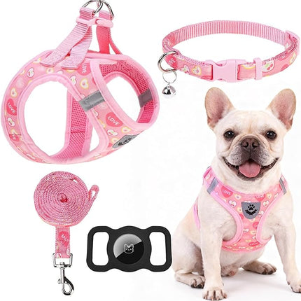 EXPAWLORER Small Dog Valentines Harness and Leash Set - Cute Puppy Harness Leash Dog Collar with AirTag Holder Silicone Case, Soft Padded Step in Pet Vest Reflective for Outdoor Walking, Heart S