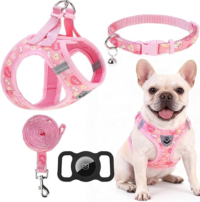 EXPAWLORER Small Dog Valentines Harness and Leash Set - Cute Puppy Harness Leash Dog Collar with AirTag Holder Silicone Case, Soft Padded Step in Pet Vest Reflective for Outdoor Walking, Heart S