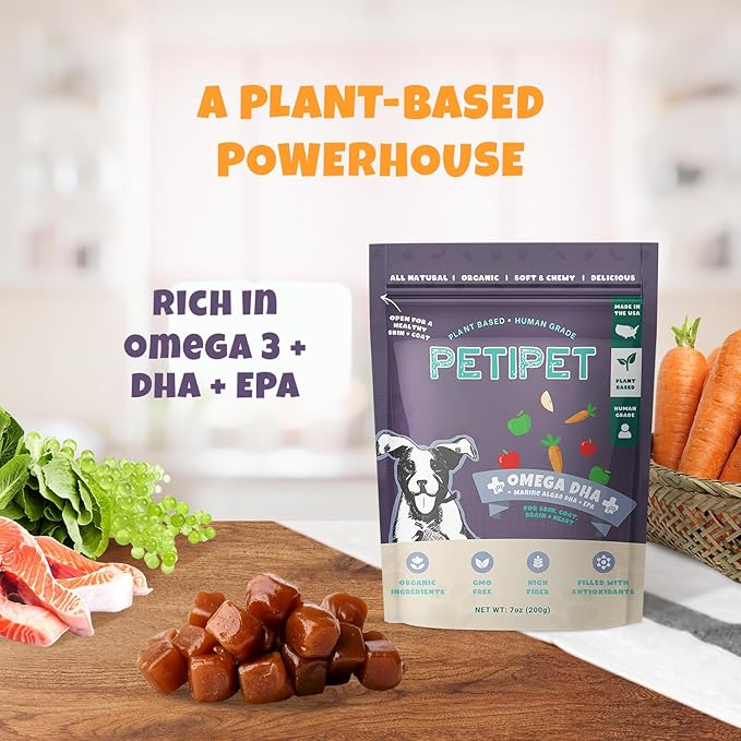 Petipet Omega 3 for Dogs - Skin, Coat, Brain & Heart Health Supplement- For Dry, Itchy, or Flaky Skin - Allergies and Itch Relief Soft & Chewy Chews - DHA and EPA Omega 3 Fatty Acids from Marine Algae