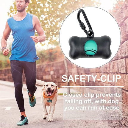 Dog Poop Pickup Bags Holder Dispenser with Standard-Sized Leak-Proof Scented Doggy Waste Bags and Carabiner with Safety Lock&Fastener Never Loose on Leash Lead Again (1 Holder 195 Bags, Black)