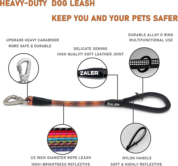 ZALER Short Dog Leash, 26 Inches Rope Traffic Leashes for Dogs, Reflective Dog Lead with O-Ring, Heavy Duty Pet Leash for Large and Medium Dogs (26'' Black Orange)
