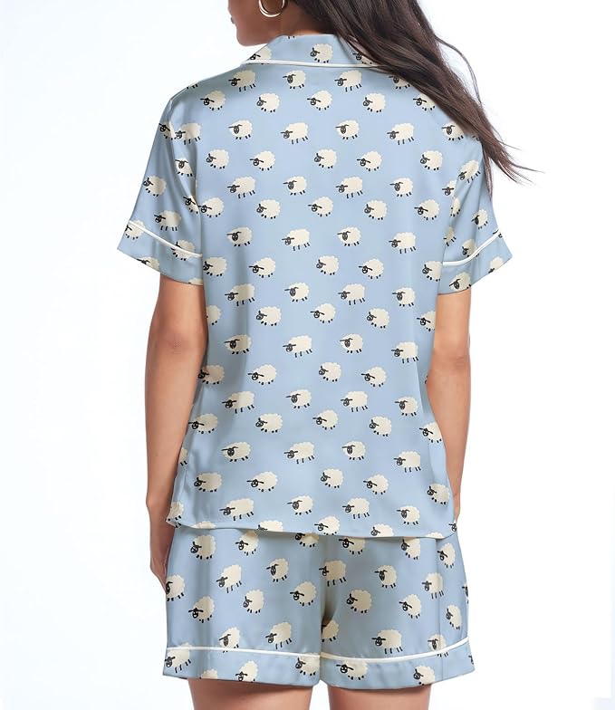 Women’s Silk Satin Pajama Set, Short Sleeve Button Down 2 Piece PJs with Shorts, Cozy Loungewear & Matching Holiday Pajamas