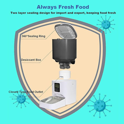 Automatic Cat Feeder, 6L Cat Food Dispenser with 10s Voice Recorder, Pet Feeder up to 8 Meals per Day, Timed Feeder with Dry Food Sealed Ring