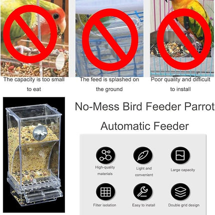 No Mess Bird Feeder,Bird Feeder for Cage,Automatic Acrylic Parakeet Feeder Cage Accessories for Small Birds Parrot Parakeets Canary Cockatiel Finch(Transparent)