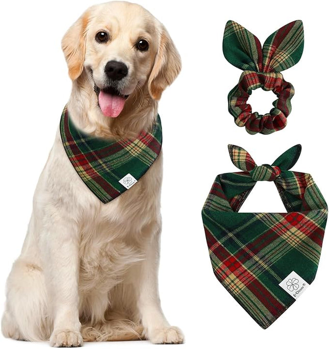 E-Clover Christmas Cute Dog Bandanas Plaid Dog Bandana Matching Scrunchie Pet Kerchief Scarf for Medium Large Dogs Boy Girl Green Red