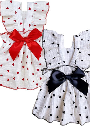 QWINEE 2pc Heart Print Dog Cat Dress Bow Decor Cute Dog Dresses Puppy Tutu Skirt Chihuahua Teddy Pomeranian Dress Birthday Holiday Clothes for Cat Kittens Small Medium Large Dogs Black and White XXL
