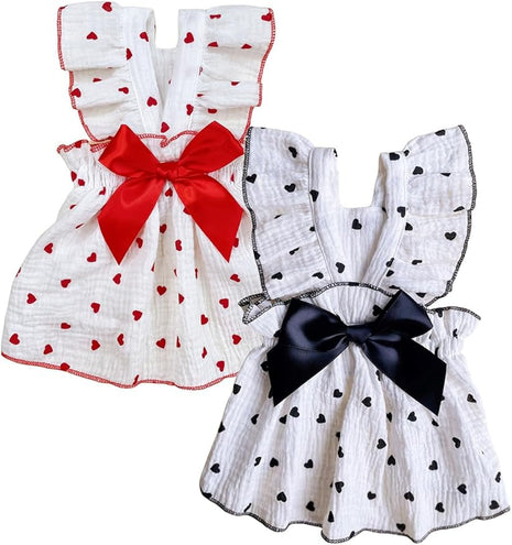 QWINEE 2pc Heart Print Dog Cat Dress Bow Decor Cute Dog Dresses Puppy Tutu Skirt Chihuahua Teddy Pomeranian Dress Birthday Holiday Clothes for Cat Kittens Small Medium Large Dogs Black and White XS