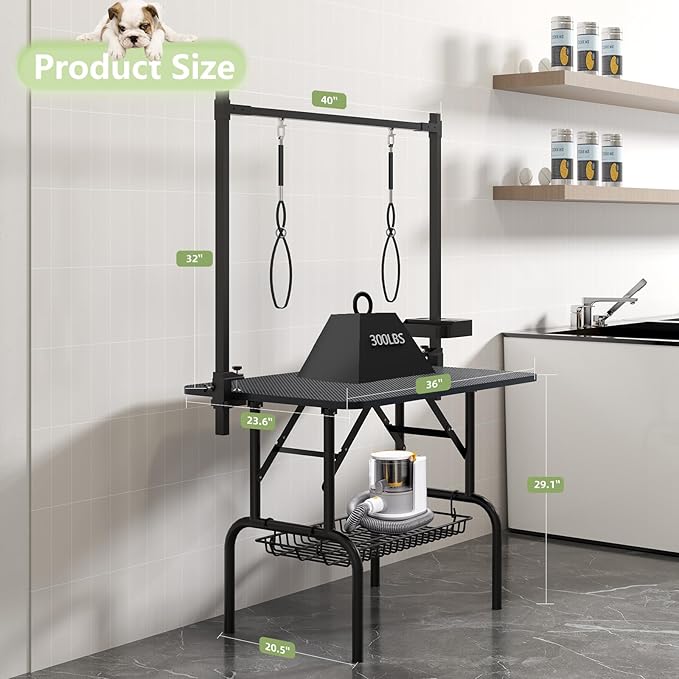 VFK 36''/47''Large Dog Grooming Table, Foldable Pet Station at Home, Dog Grooming Table,Adjustable Cat Drying Desktop with Arms, Nooses, Mesh Tray (Basic pet Table, 36" Black)